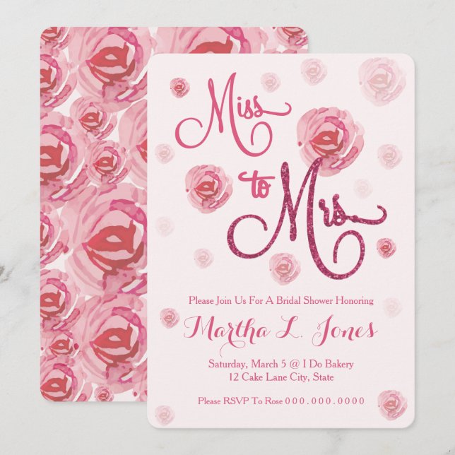 Invitación Srta. a la señora rosas nupciales del rosa de la (Anverso / Reverso)