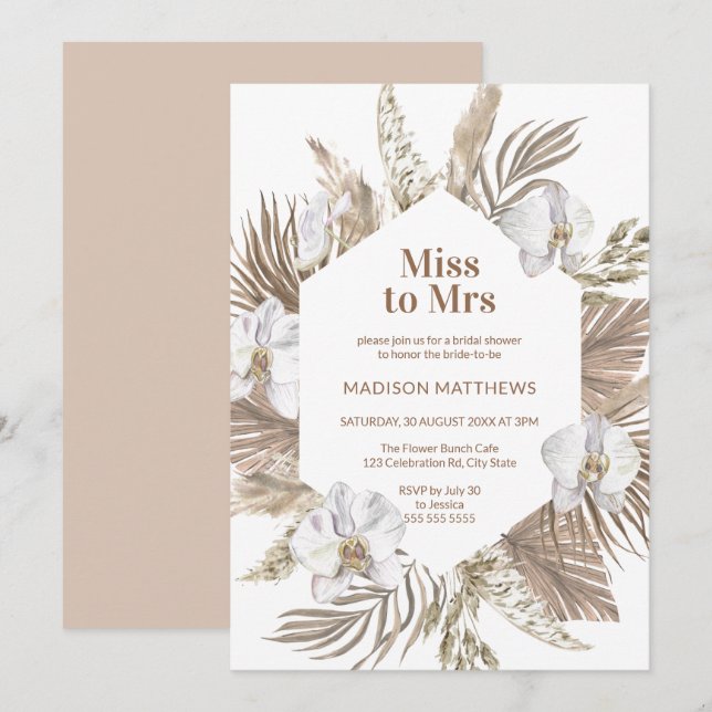 Invitación Srta. Boho Floral Bridal Shower Pampas Rosa (Anverso / Reverso)
