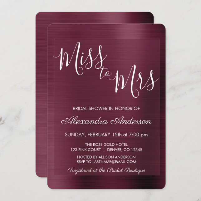Invitación Srta. Burgundy Bridal Shower (Anverso / Reverso)
