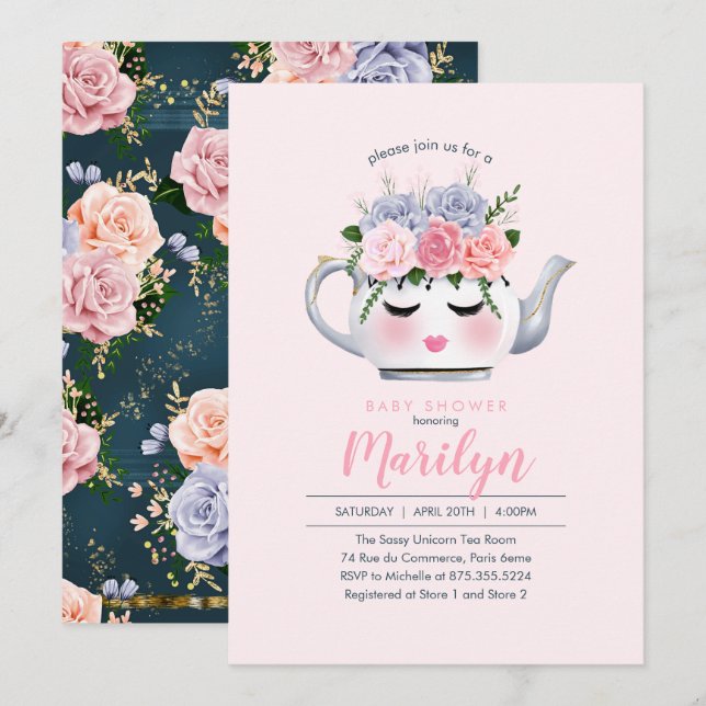 Invitación Srta. Dolly Eyes Teapot Floral Baby Shower (Anverso / Reverso)