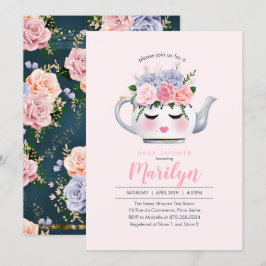Invitación Srta. Dolly Eyes Teapot Floral Baby Shower