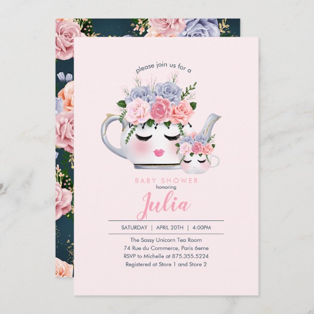 Invitación Srta. Eyelashes Teapot Mom Baby Baby Shower floral (Anverso / Reverso)