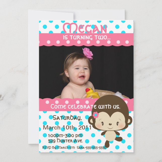 Invitación Srta. Monkey Birthday Invitación-Rosado-Azul de (Anverso)