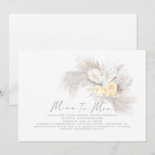 Invitación Srta. Pampas Grass Floral Bridal Shower (Anverso / Reverso)