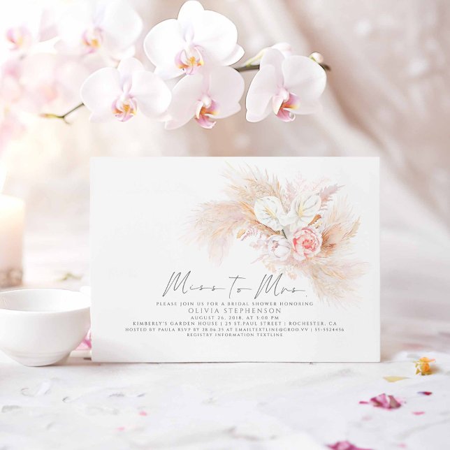 Invitación Srta. Pampas Grass Pink Floral Bridal Shower (Miss to Mrs Pampas Grass Boho Bridal Shower Invitations)