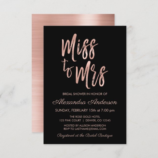 Invitación Srta. Pink Rose Gold Bridal Shower (Anverso / Reverso)