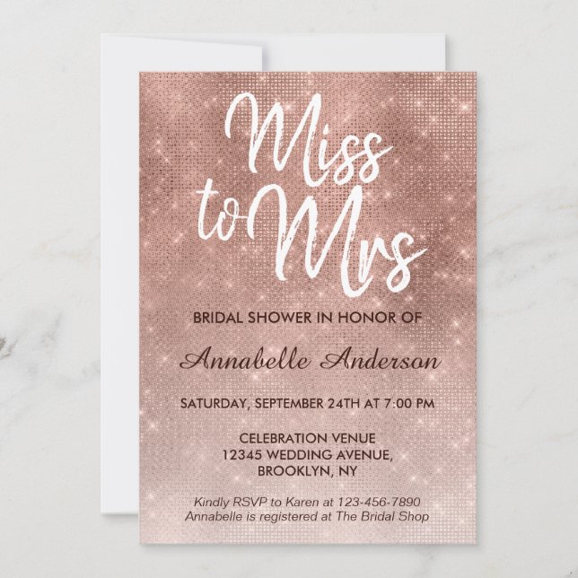 Invitación Srta. Pink Rose Gold Shimmer Bridal Shower (Anverso)