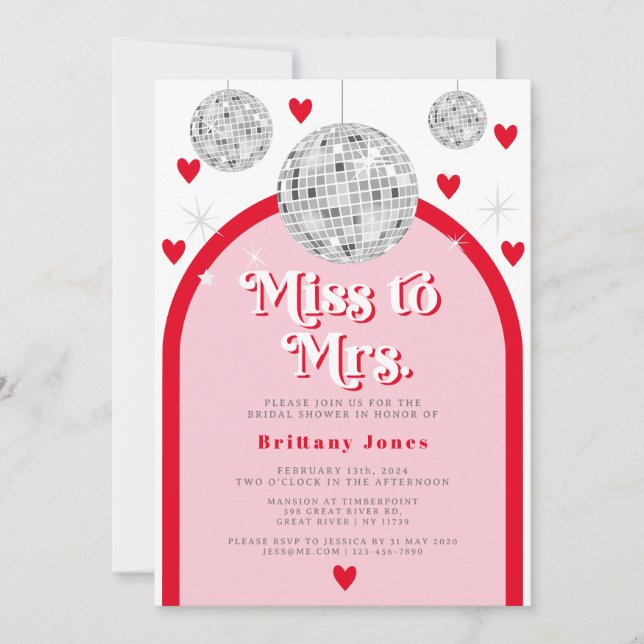 Invitación Srta. Valentines Heart Disco Bridal Shower (Anverso)