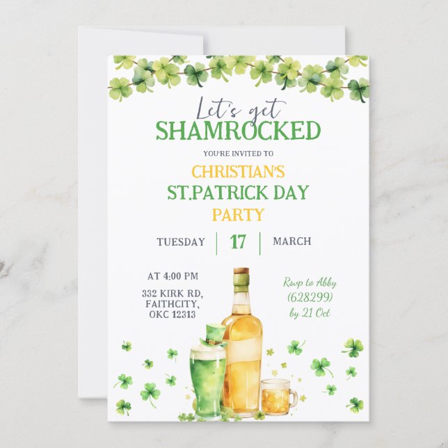 Invitación St Patrick Day Let's Get Shamrocked Party (Anverso)