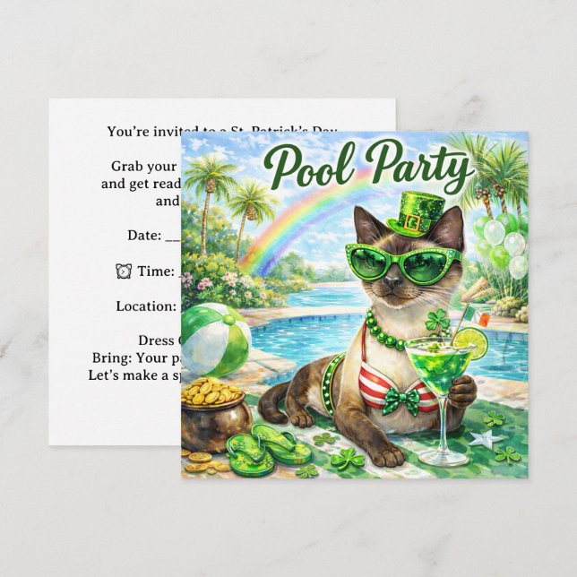 Invitación St. Patrick’s Day Glam Cat Pool Party  (Anverso / Reverso)