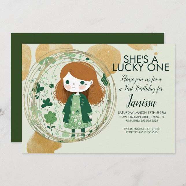 Invitación St. Patricks Chica de cumpleaños afortunado Shamro (Anverso / Reverso)