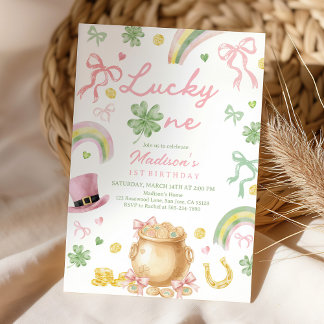 Invitación St Patrick's Day 1st Birthday Invitation Pink Bow