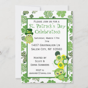 Invitación St. Patricks Day Fiesta Shamrock Green Owl