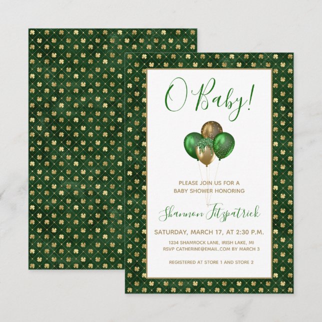 Invitación St. Patrick's Day Gold Green Shamrock Baby Shower (Anverso / Reverso)