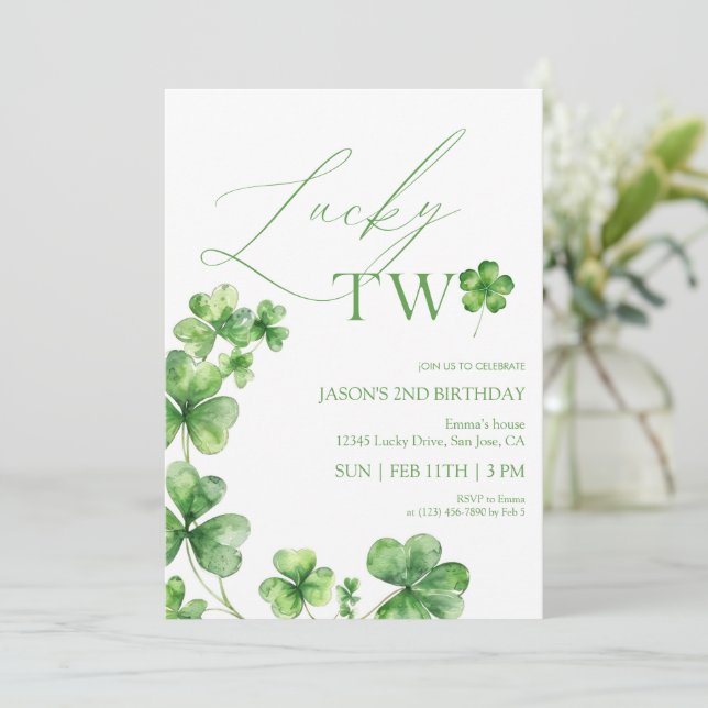 Invitación St. Patrick's day green Lucky Two Second Birthday (Anverso de pie)
