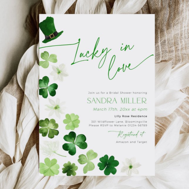 Invitación St. Patricks Day Green Shamrock Bridal Shower (Lucky in love bridal shower invitation)
