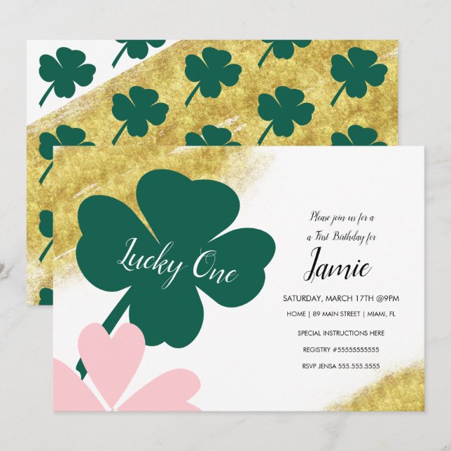 Invitación St. Patricks Lucky 1er cumpleaños Green Pink Gold (Anverso / Reverso)
