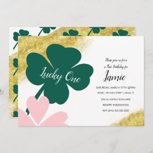 Invitación St. Patricks Lucky 1er cumpleaños Green Pink Gold
