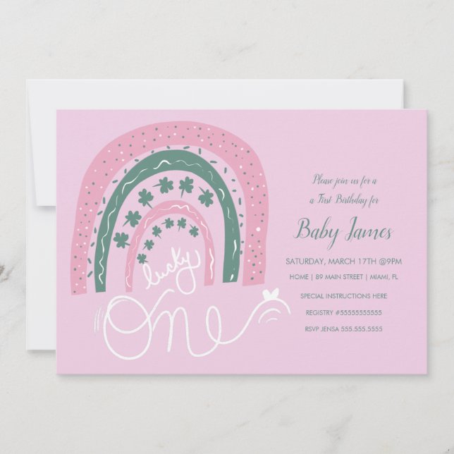 Invitación St. Patricks Lucky 1er Cumpleaños Mano Dibujó Arco (Anverso)