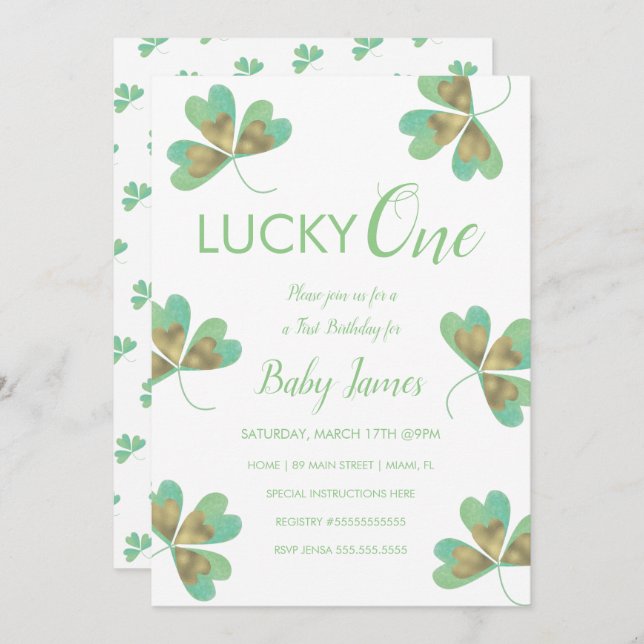Invitación St. Patricks Lucky 1er cumpleaños Shamrock (Anverso / Reverso)