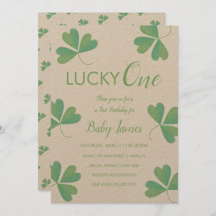 Invitación St. Patricks Lucky 1er cumpleaños Shamrock Textado