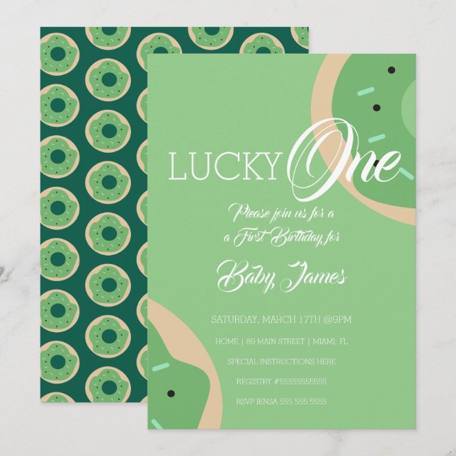 Invitación St. Patricks Lucky First Birthday Frosted Donut (Anverso / Reverso)