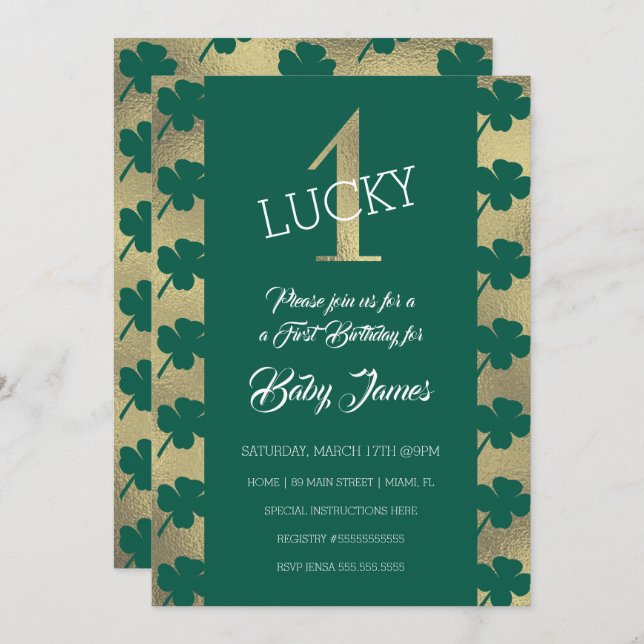 Invitación St. Patricks Lucky First Birthday Green Shamrock (Anverso / Reverso)