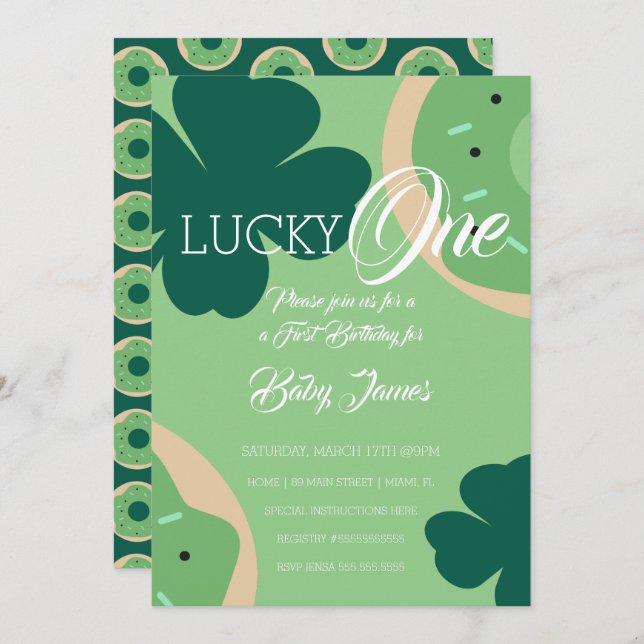 Invitación St. Patricks Lucky First Birthday Shamrock Donut (Anverso / Reverso)