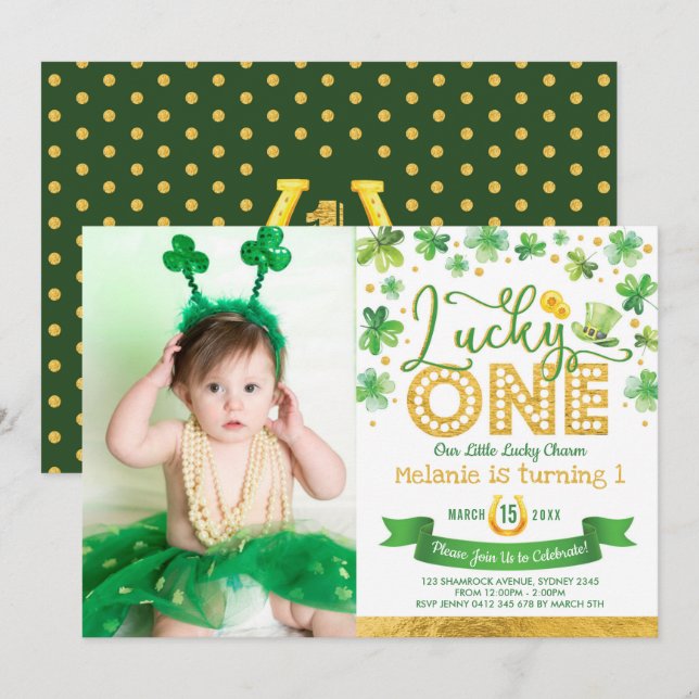 Invitación St Patrick's Shamrock Lucky One First Birthday (Anverso / Reverso)