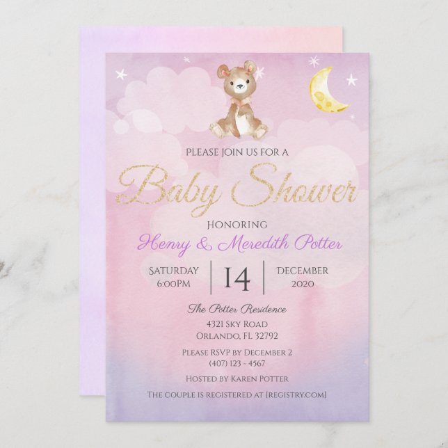 Invitación Star and Moon Teddy Bear Chicas morados Baby Showe (Anverso / Reverso)