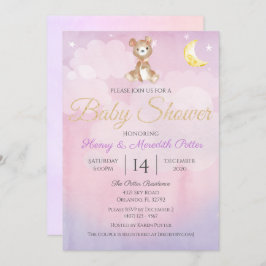 Invitación Star and Moon Teddy Bear Chicas morados Baby Showe