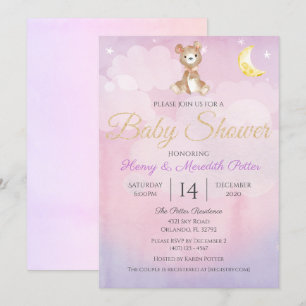 Invitación Star and Moon Teddy Bear Chicas morados Baby Showe