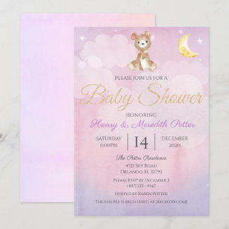Invitación Star and Moon Teddy Bear Chicas morados Baby Showe