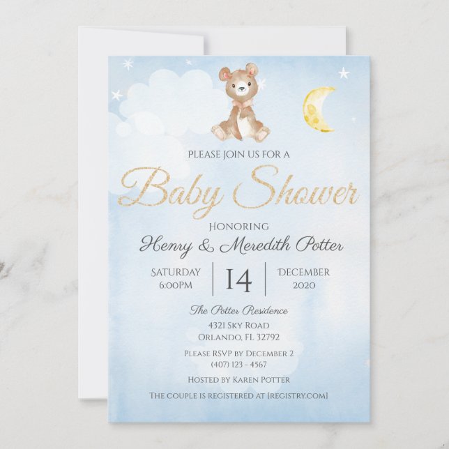 Invitación Star and Moon Teddy Bear el Baby Shower de Blue Bo (Anverso)