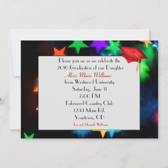 Invitación Star Bokeh con Gorra de graduación roja (Anverso)