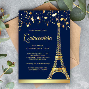 Invitación Star Confetti Gold Torre Eiffel Naval Quinceanera
