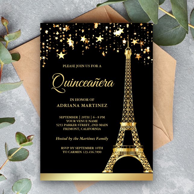 Invitación Star Confetti Gold Torre Eiffel Negro Quinceanera (Subido por el creador)