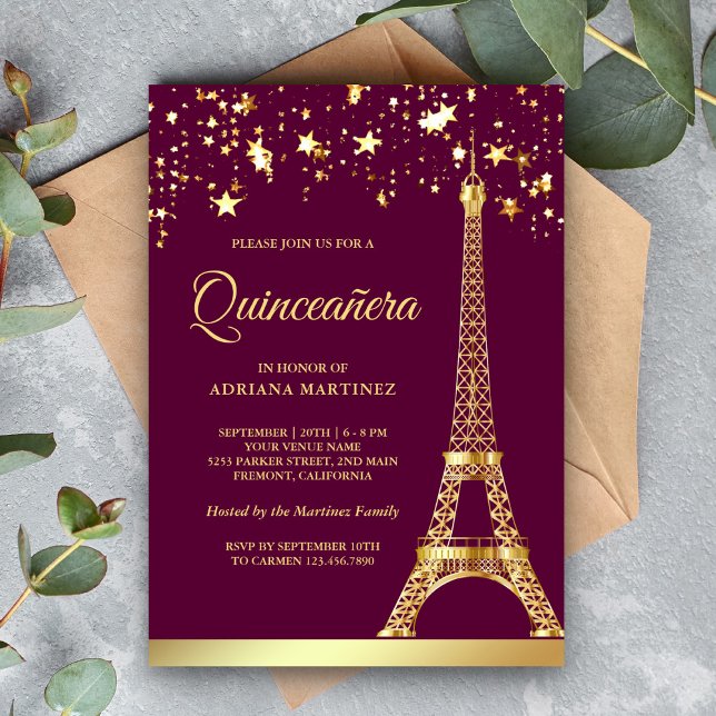 Invitación Star Confetti Gold Torre Eiffel Rosa Quinceanera (Subido por el creador)