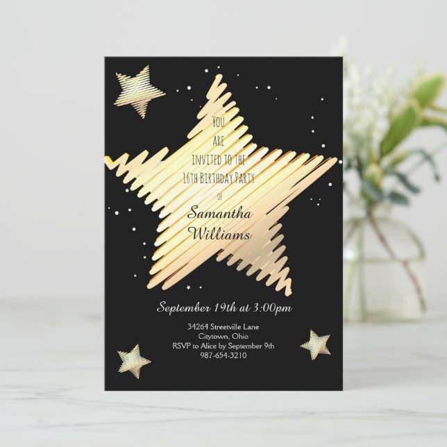 Invitación Star Gold Black Sweet Dieciséis cumpleaños (Anverso de pie)