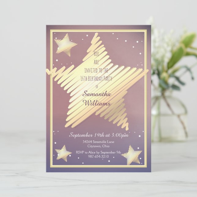 Invitación Star Gold Pink Morple Sweet Dieciséis Cumpleaños (Anverso de pie)