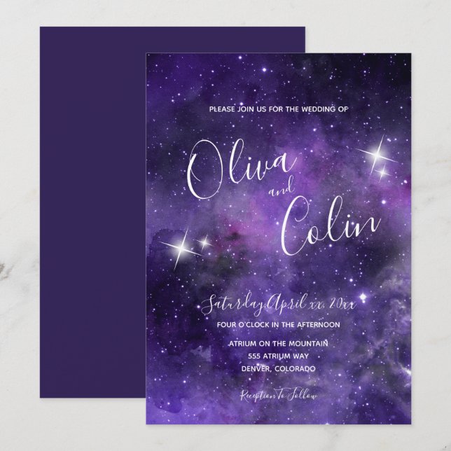 Invitación Star Light, Purple, Boda Blanco (Anverso / Reverso)