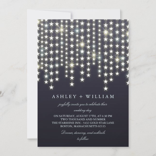 Invitación Star String ilumina el Boda de noche azul oscuro (Anverso)