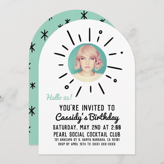 Invitación STARBURST | Custom Simple & Chic Photo Birthday (Anverso / Reverso)
