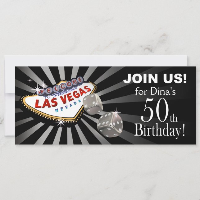 Invitación Starburst de Las Vegas 50 cumpleaños plata negra (Anverso)