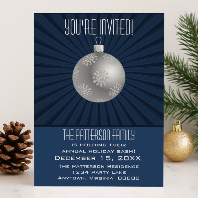 Invitación Starburst Stripes Ornament Holiday Party Oscuro Az (Blue Starburst Stripes Ornament Holiday Party Invitation)