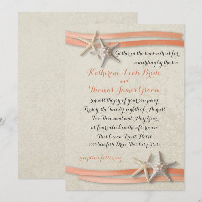 Invitación Starfish and Beach Coral Ribbon (Anverso / Reverso)