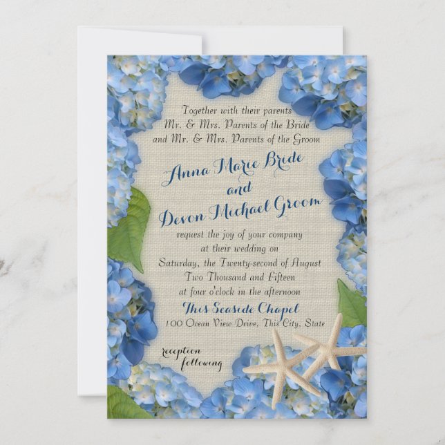 Invitación Starfish and Blue Hydrangea Boda (Anverso)