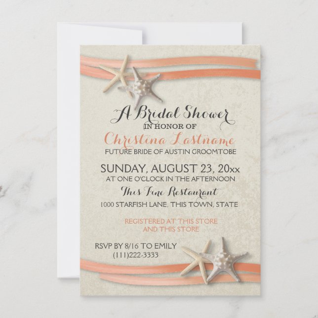 Invitación Starfish and Coral Ribbon Bridal Shower (Anverso)