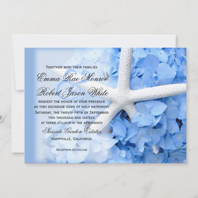 Invitación Starfish and Hydrangea Tropical Blue Boda (Anverso)