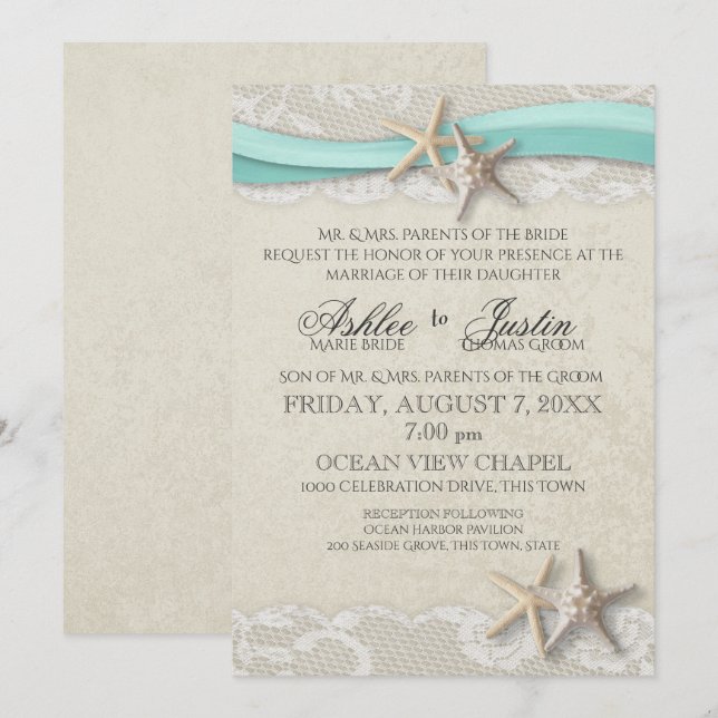 Invitación Starfish and Lace Beach Aqua Boda (Anverso / Reverso)